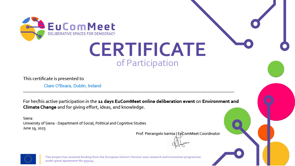 Certificate Of Participation In EU Online Meet On Climate Change